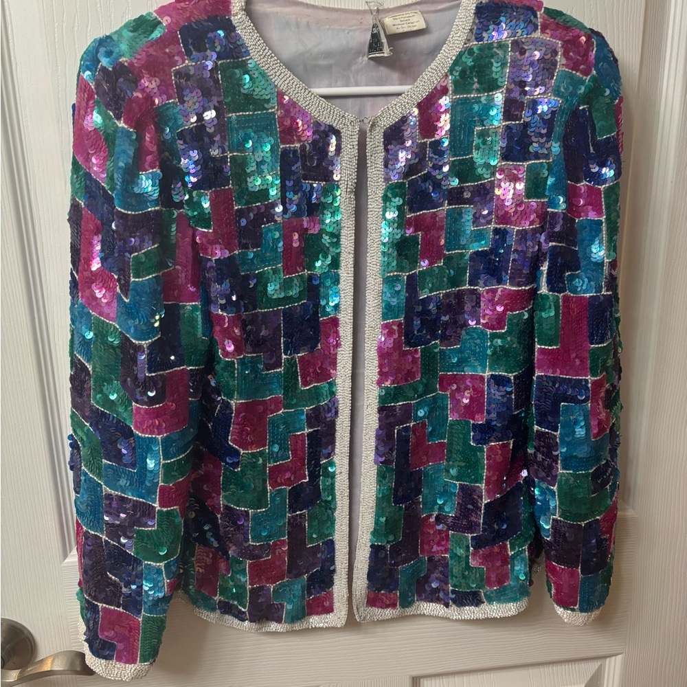 Vintage 1980s Stenay Full Sequined Geometric Colorful Patterned Jacket 100% Silk